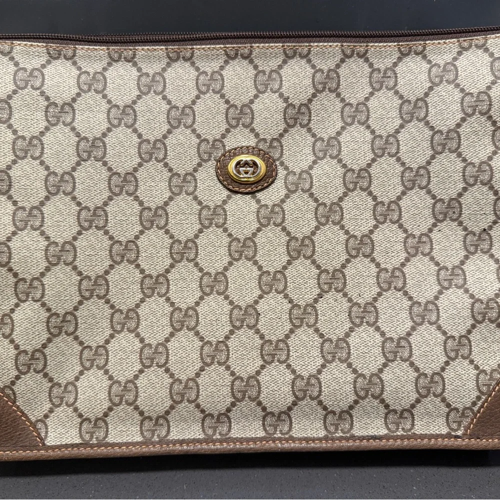 Vintage Gucci Beige and Brown GG Monogram Clutch - Picture 1 of 8